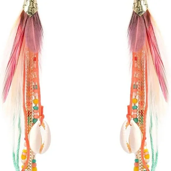 Bohemian Feather Dangle Earrings Shell Beads Long Tassel Women Jewelry - Picture 1 of 6